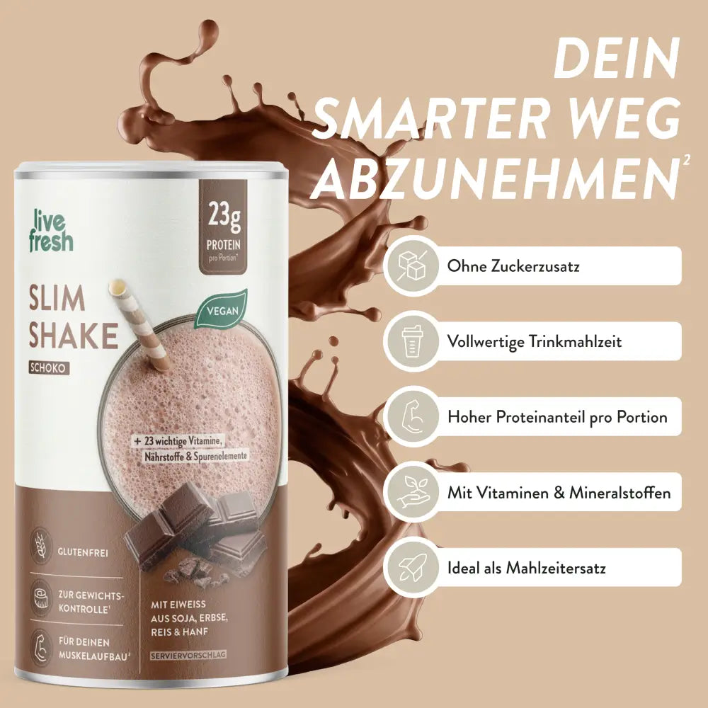 Dose LiveFresh Slim Shake Schoko mit Schokoladensplash und dem Text Dein smarter Weg abzunehmen. Die Verpackung zeigt 23 Gramm Protein pro Portion vegan glutenfrei sowie Hinweise zu Vitaminen Mineralstoffen Gewichtskontrolle und Muskelaufbau.