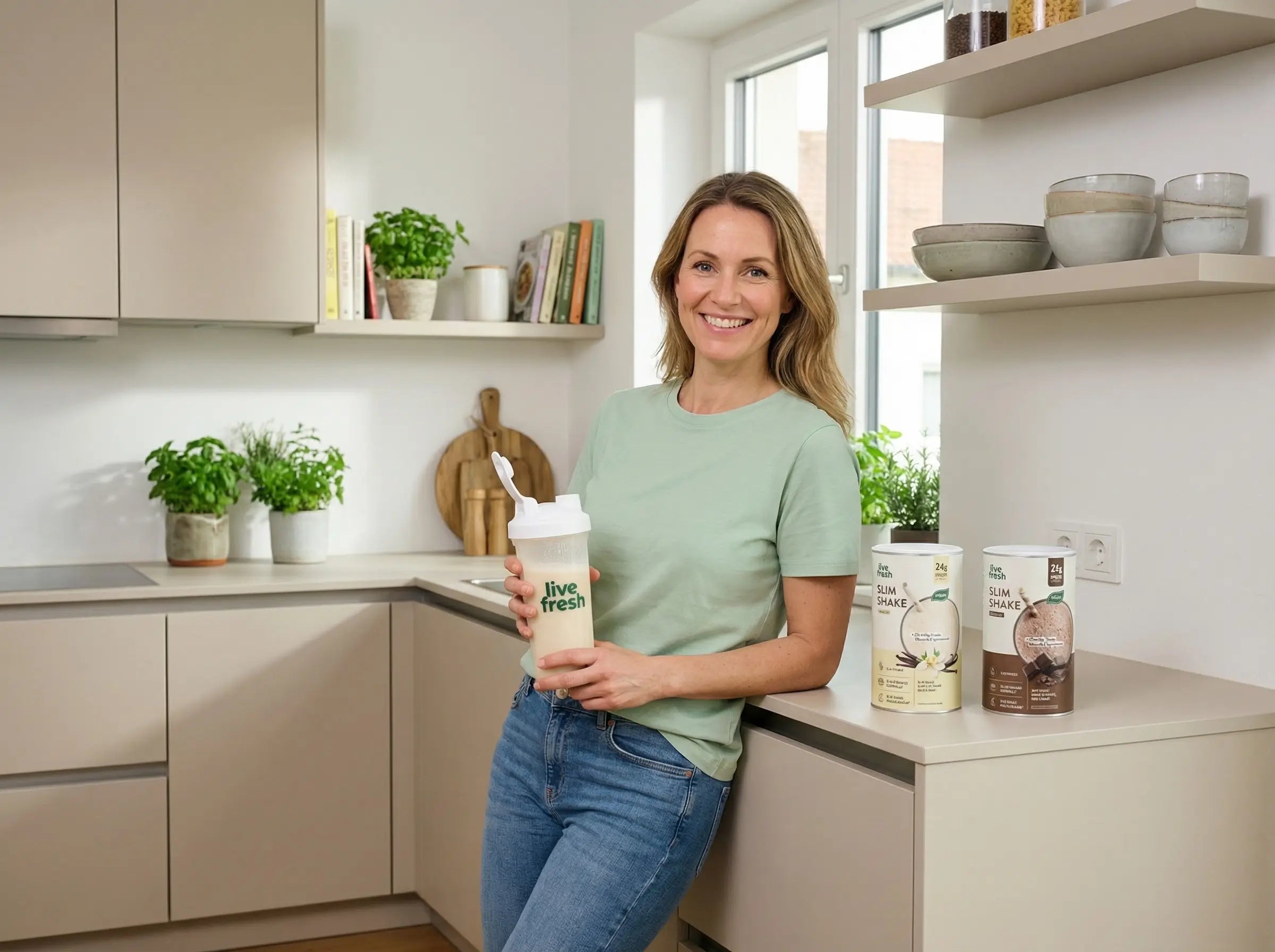 Frau steht lächelnd in einer modernen hellen Küche und hält einen Shaker mit LiveFresh Slim Shake Vanille in der Hand. Neben ihr auf der Arbeitsplatte stehen die Slim Shake Dosen in Vanille und Schoko mit 24 Gramm Protein pro Portion vegan und glutenfrei was den Shake als praktische Trinkmahlzeit für den Alltag zeigt.