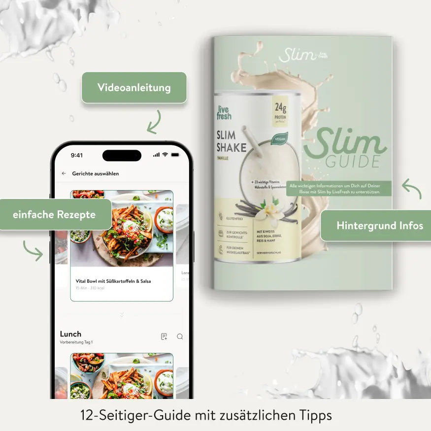 Grafik zu Slim by LiveFresh mit Smartphone App für einfache Rezepte Videoanleitung und dem Slim Guide mit Hintergrund Infos mit dem Vanille Shake mit 24g Protein auf dem Cover abgebildet