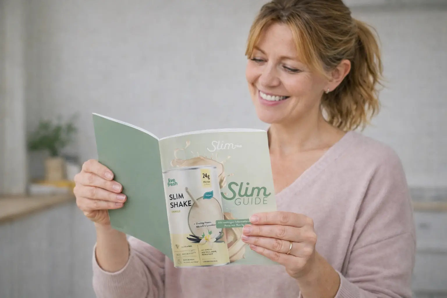 Frau liest den Slim Guide von Slim by LiveFresh mit Abbildung des Vanille Shakes mit 24g Protein und veganem Siegel auf dem Cover.
