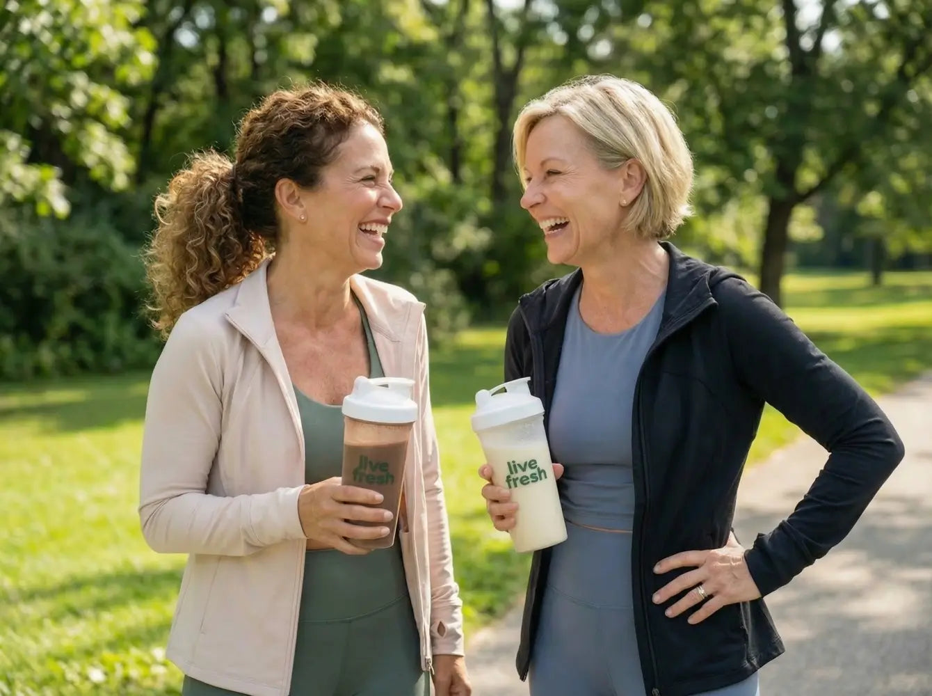 Zwei Frauen im Sportoutfit stehen lachend im Park und halten LiveFresh Slim Shake in Vanille und Schoko in der Hand. Die Szene vermittelt einen aktiven gesunden Lebensstil mit dem Slim Shake als praktische Trinkmahlzeit für unterwegs.