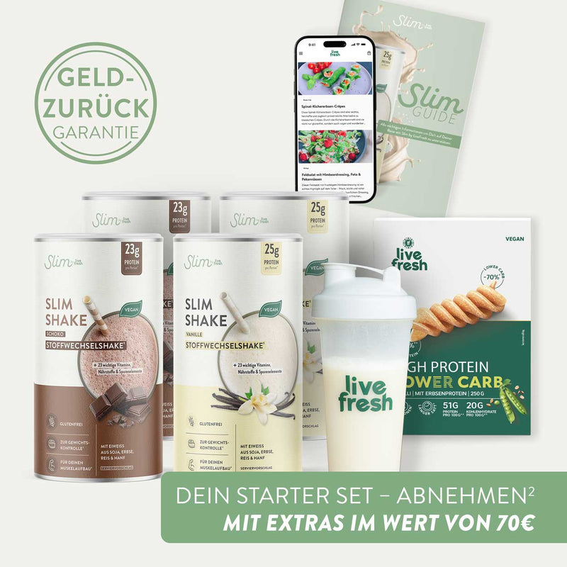 Mehrere Live Fresh Slim Shake Dosen in Schoko und Vanille sowie ein Shaker stehen vor einem Slim Guide und einer Packung High Protein Fusilli. Ein grüner Kreis mit der Aufschrift „GELD-ZURÜCK GARANTIE“ und ein Banner mit „DEIN STARTER SET – ABNEHMEN² MIT EXTRAS IM WERT VON 70€“ heben das Angebot hervor.